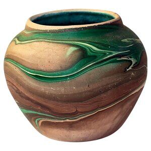 Vintage Painted Desert Pottery Swirl Mini Vase Brown Green Marbled Southwest
